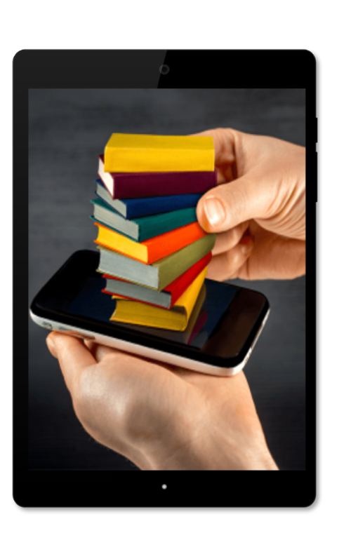 Stack of books on tablet held by hands