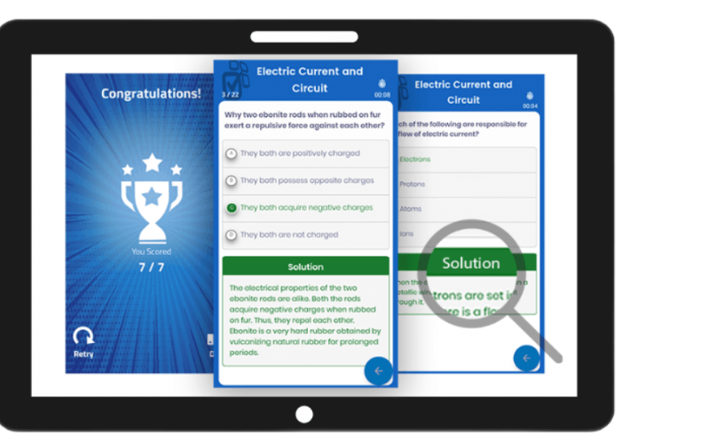 Akshara quiz and solution screens on tablet