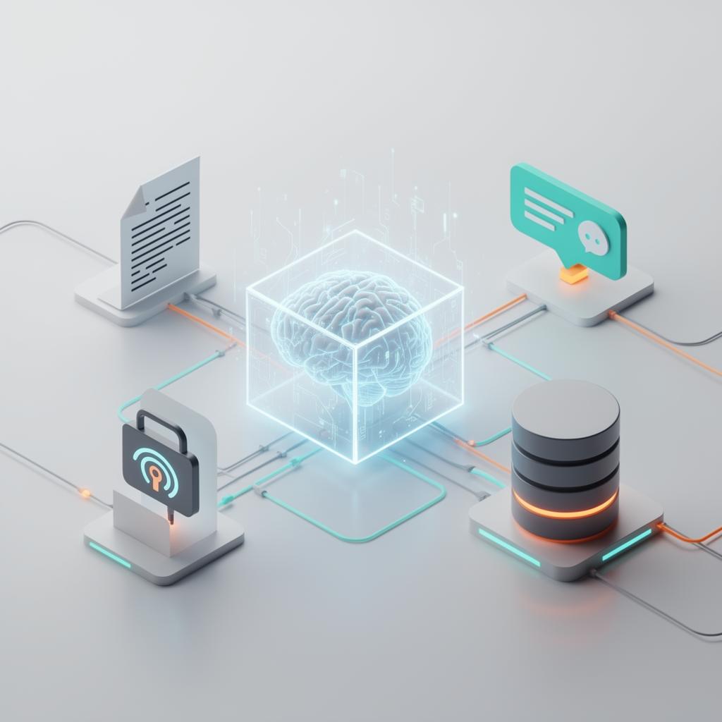 Isometric AI engineering system connecting documents, chat, security, and data