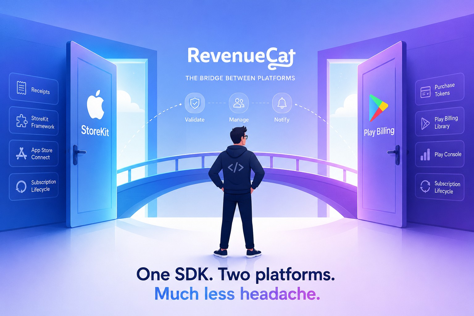 RevenueCat as the bridge connecting iOS StoreKit and Android Play Billing through one SDK